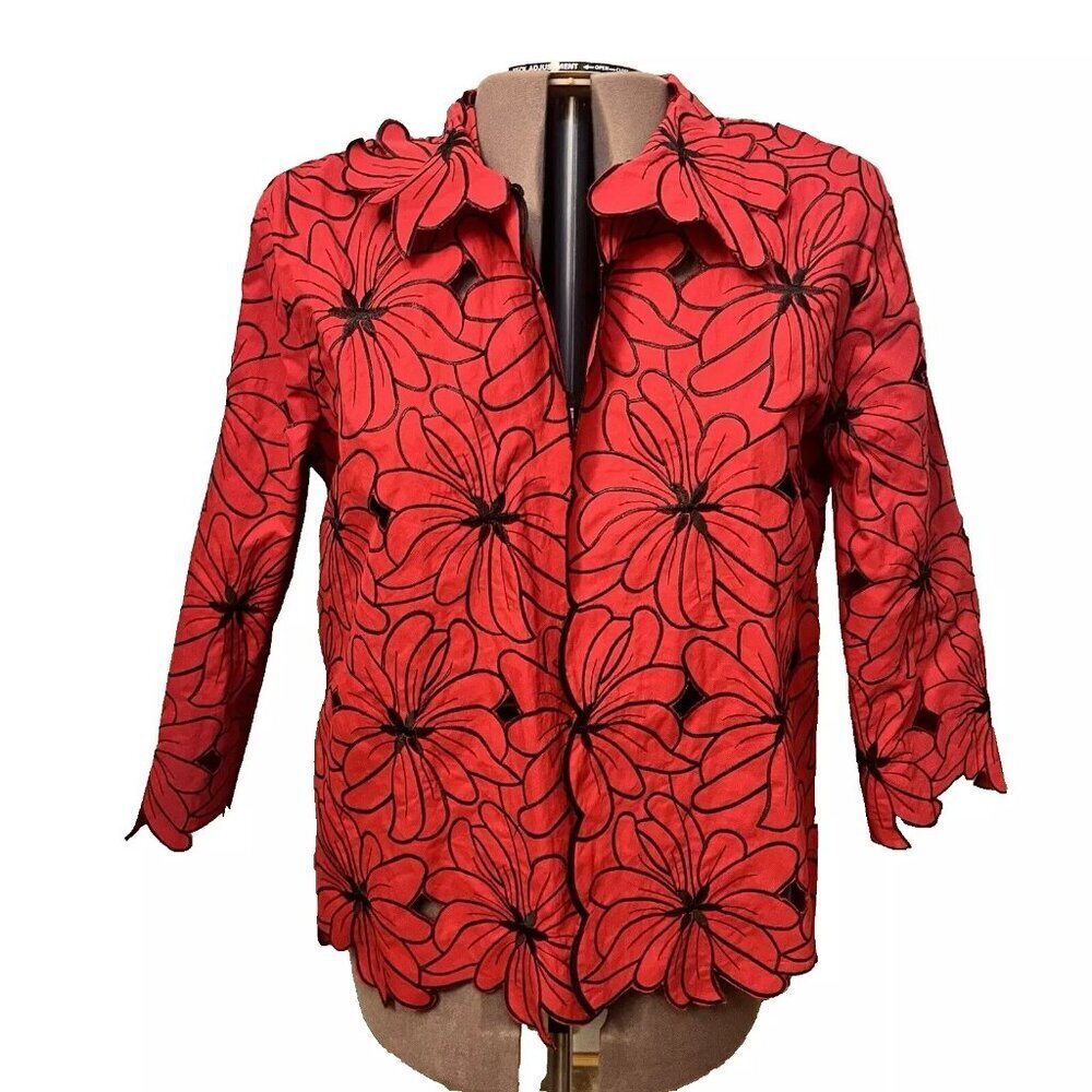 Karen Arnold. Size 3X. Cutwork Embroidered. Red Jacket. 1 Neck Button. B20
